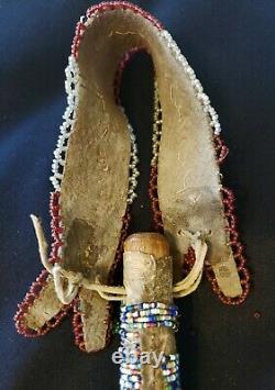 Antique Native American Indian Salt Pepper Beaded Horse Quirt Brain tanned hide
