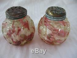 Antique Northwood Leaf Mold Vaseline Cranberry Spatter Glass Salt Pepper Shakers