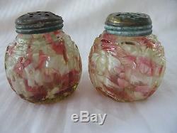 Antique Northwood Leaf Mold Vaseline Cranberry Spatter Glass Salt Pepper Shakers