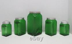 Antique Owen Illinois Green Depression Glass Hoosier Canisters, Salt Pepper Set