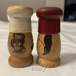 Antique Salt & Pepper Wood Shakers Very Rare VINTAGE Collectible Details Picture