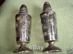Antique Silver Overlay Glass Salt&pepper Shakers Rare