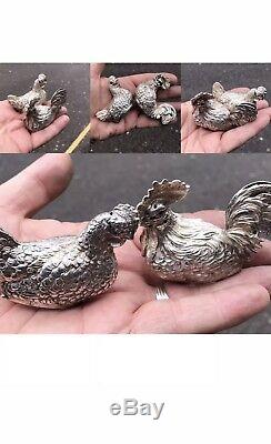 Antique Solid Silver French Or German Salt & Pepper Chicken & Rooster Figure