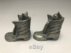 Antique Spelter Pewter Puss And Boots Cat Salt Pepper Shakers Glass Eyes