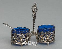 Antique silver Salt Pepper shakers with blue glass and silver spoon