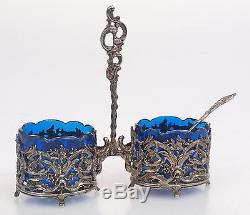 Antique silver Salt Pepper shakers with blue glass and silver spoon