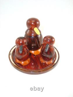 Art Deco Bakelite Penguins Condiment Salt Pepper Shaker Holder Tray Set