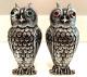 Art Deco Silver Owl Salt Pepper Shakers Fine Metalwork Red & Green Cabochon Eyes