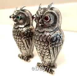 Art Deco Silver Owl Salt Pepper Shakers Fine Metalwork Red & Green Cabochon Eyes