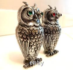 Art Deco Silver Owl Salt Pepper Shakers Fine Metalwork Red & Green Cabochon Eyes