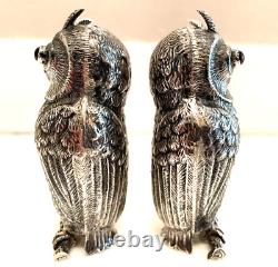 Art Deco Silver Owl Salt Pepper Shakers Fine Metalwork Red & Green Cabochon Eyes