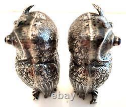 Art Deco Silver Owl Salt Pepper Shakers Fine Metalwork Red & Green Cabochon Eyes