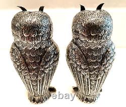 Art Deco Silver Owl Salt Pepper Shakers Fine Metalwork Red & Green Cabochon Eyes