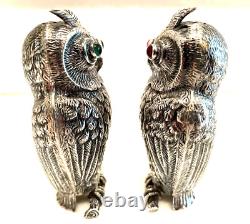 Art Deco Silver Owl Salt Pepper Shakers Fine Metalwork Red & Green Cabochon Eyes