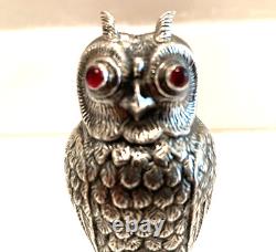 Art Deco Silver Owl Salt Pepper Shakers Fine Metalwork Red & Green Cabochon Eyes