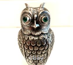 Art Deco Silver Owl Salt Pepper Shakers Fine Metalwork Red & Green Cabochon Eyes