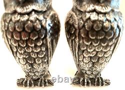 Art Deco Silver Owl Salt Pepper Shakers Fine Metalwork Red & Green Cabochon Eyes