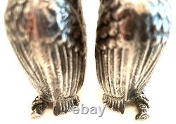 Art Deco Silver Owl Salt Pepper Shakers Fine Metalwork Red & Green Cabochon Eyes