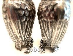 Art Deco Silver Owl Salt Pepper Shakers Fine Metalwork Red & Green Cabochon Eyes