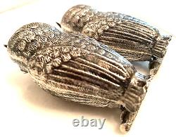 Art Deco Silver Owl Salt Pepper Shakers Fine Metalwork Red & Green Cabochon Eyes