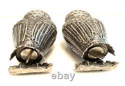 Art Deco Silver Owl Salt Pepper Shakers Fine Metalwork Red & Green Cabochon Eyes