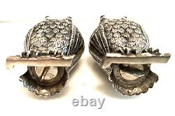 Art Deco Silver Owl Salt Pepper Shakers Fine Metalwork Red & Green Cabochon Eyes