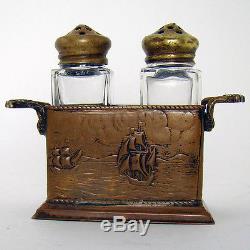 Arts & Crafts Salt & Pepper Shakers with Nautical Bronze/Brass Holder 1910