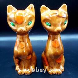 Atomic Age Cats Salt Pepper Shakers with Green Jewel Eyes Mid Century Tall 5in