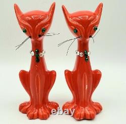 Atomic Red Cats Green Rhinestone Eyes 50s Salt Pepper Shakers MCM Jewel Collars
