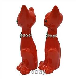 Atomic Red Cats Green Rhinestone Eyes 50s Salt Pepper Shakers MCM Jewel Collars