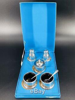 BIRKS Sterling cobalt blue liner Cellars Mustard Pots Salt Pepper Set with Box