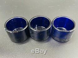 BIRKS Sterling cobalt blue liner Cellars Mustard Pots Salt Pepper Set with Box