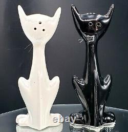 BLACK WHITE CAT Salt Pepper Shakers Green Rhinestone Eyes Atomic Age MCM Jewel