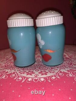 Bartlett-Collins Turquoise Glass Hand Painted Orchard Salt Pepper Range Shakers