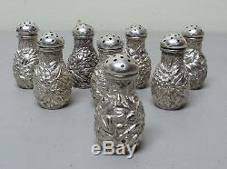 Beautiful Set/8 Sterling Silver Repousse Individual Salt & Pepper Shakers