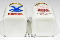 Big Old Hazel Atlas Milk Glass Salt & Pepper Shakers with Hardware Advertising