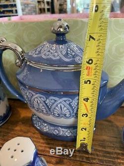 Bombay Blue/White Tea Set Teapot, Sugar/Creamer, Salt/Pepper, Biscuit Jar NWOT
