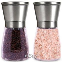 Brushed Stainless Steel Salt Mill and Pepper Grinder Set With Glass Bottle