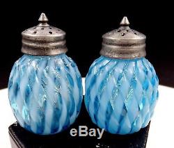 Buckeye Glass Blue Opalescent Reverse Swirl 2 3/4 Salt & Pepper Shakers 1889