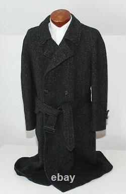 Burberrys VTG Heavy Tweed Wool Overcoat Herringbone Salt & Pepper Belted Large