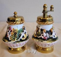 Capodimonte Vintage Porcelain And Brass Salt Shaker And Pepper Grinder NIB NEW