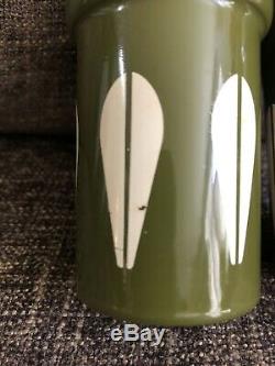 Cathrineholm Dark Olive Green & White Salt & Pepper Shakers Teak Tops Gorgeous
