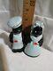 Ceramic Salt Pepper Set Man & Woman In Blue Aprons One Small Chip Ladies Scarf