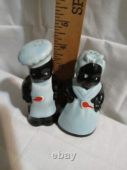 Ceramic Salt Pepper Set Man & Woman In Blue Aprons One Small Chip Ladies Scarf