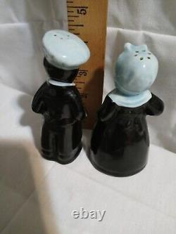 Ceramic Salt Pepper Set Man & Woman In Blue Aprons One Small Chip Ladies Scarf