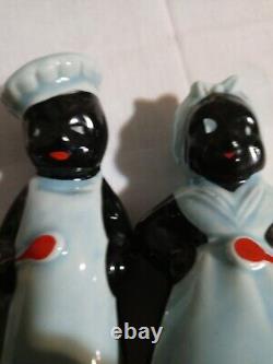 Ceramic Salt Pepper Set Man & Woman In Blue Aprons One Small Chip Ladies Scarf