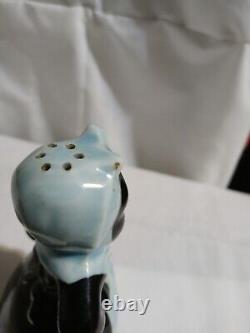 Ceramic Salt Pepper Set Man & Woman In Blue Aprons One Small Chip Ladies Scarf