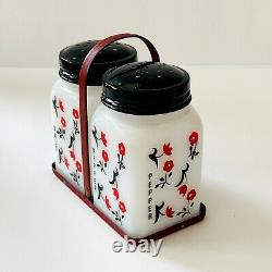 Chintz Tipp City Salt Pepper Shakers Black Lids Leaves Red Rack Flowers 4 Sides