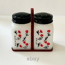Chintz Tipp City Salt Pepper Shakers Black Lids Leaves Red Rack Flowers 4 Sides