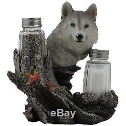 Decorative Gray Wolf Glass Salt and Pepper Shaker Set with Holder Figurine fo